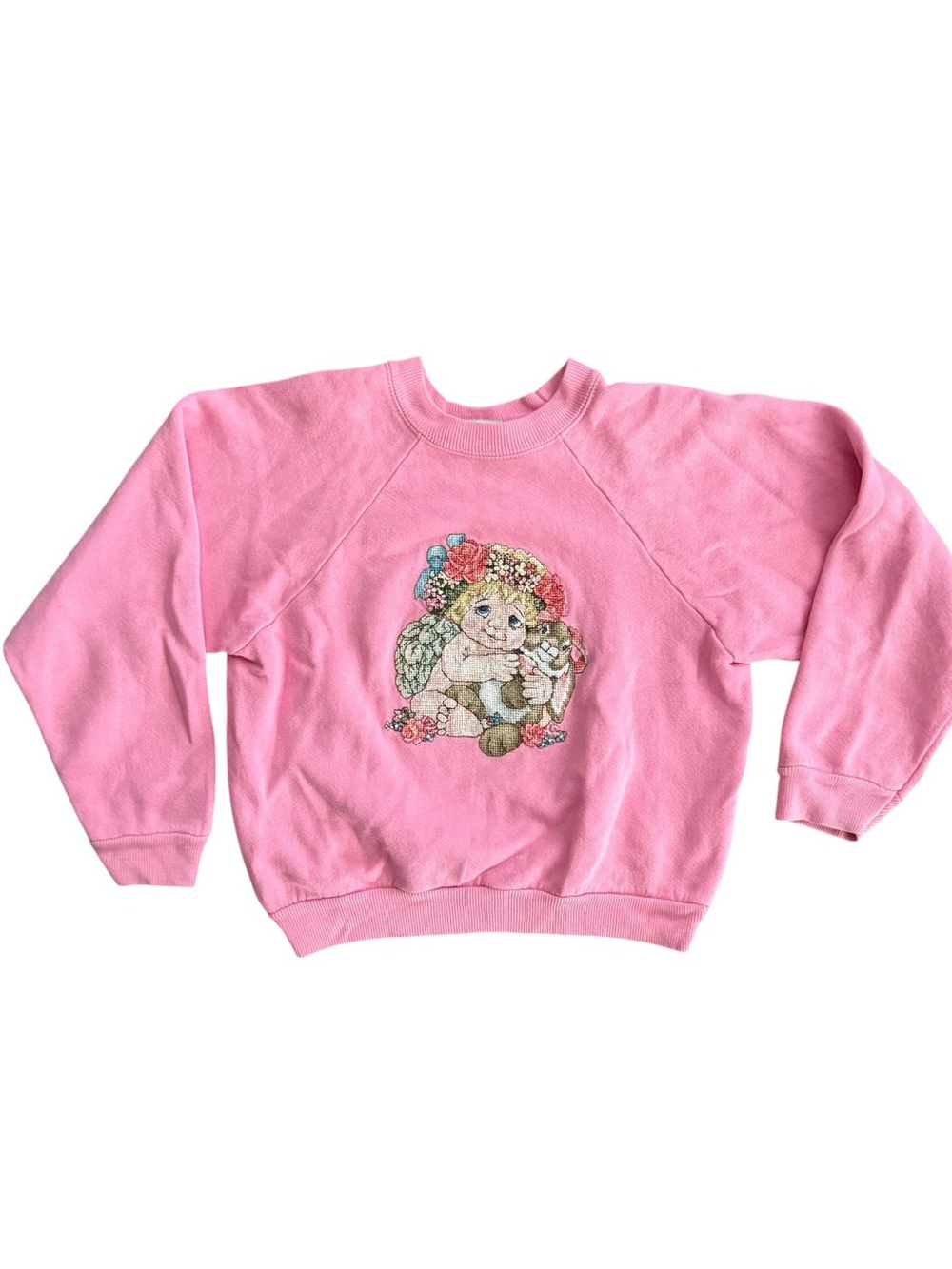 Vintage Needlepoint Angel With Bunny Pink Sweatshirt